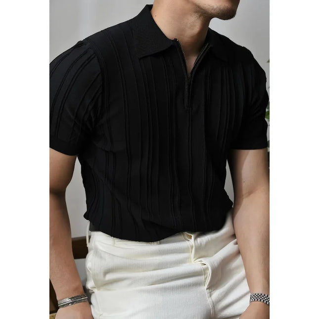 Men's Solid Zipper Knitted Polo Shirt with Lapel