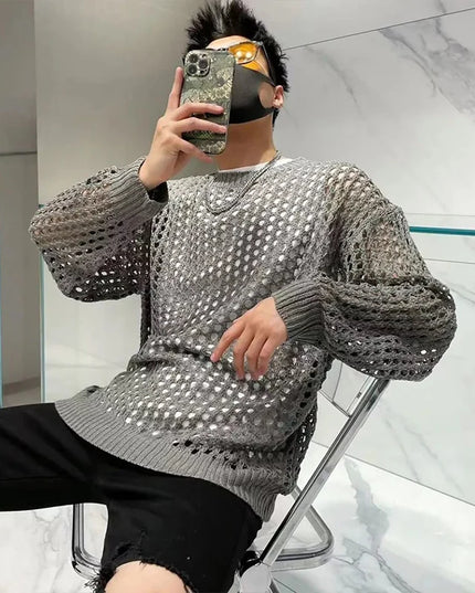 Vintage Men’s Loose-Knit Sweater with Hollow-Out Details