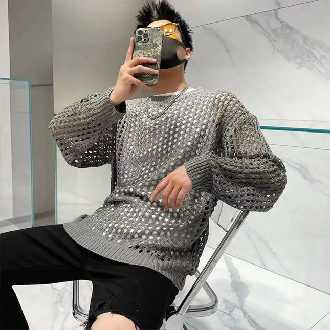 Vintage Men’s Loose-Knit Sweater with Hollow-Out Details