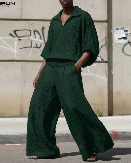 Incerun Men's Two-Piece Oversized Set: Lapel 3/4 Sleeve Shirt and Wide-Leg Pants