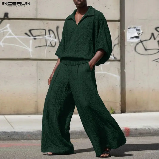 Incerun Men's Two-Piece Oversized Set: Lapel 3/4 Sleeve Shirt and Wide-Leg Pants