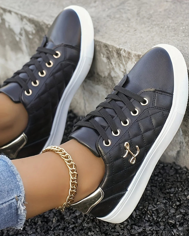 Women's Lightweight Sneakers with Gold Embellishments - Lace-Up Style