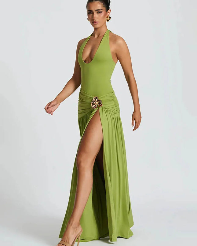 Elegant Two Piece Backless Maxi Dress for Women - Halter Neck, Ruched Design, Side Split Evening Gown