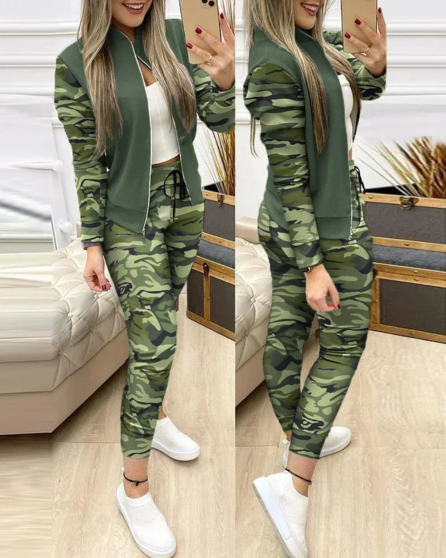 Women's Two-Piece Sequin Zipper Jacket and Sweatpants Set