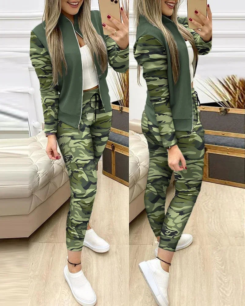 Women's Two-Piece Sequin Zipper Jacket and Sweatpants Set
