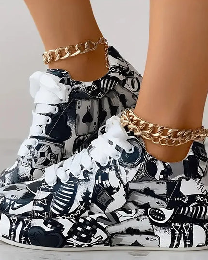 Women's Thick-Soled Sneakers with Graffiti Style