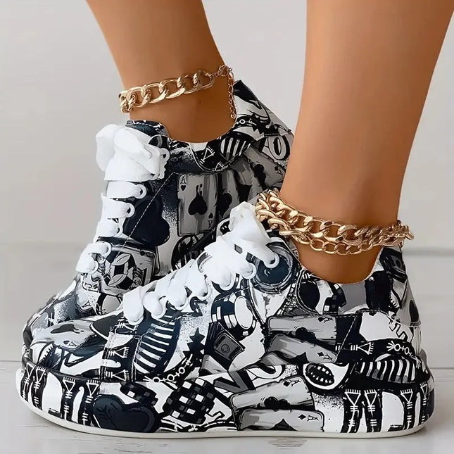 Women's Thick-Soled Sneakers with Graffiti Style