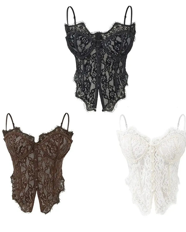 Women's Elegant Sheer Lace Camisole with Sleeveless Fishbone Design