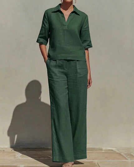 Women’s Two-Piece Set  V-Neck Short-Sleeve Sweater Top and High-Waisted Wide-Leg Pants