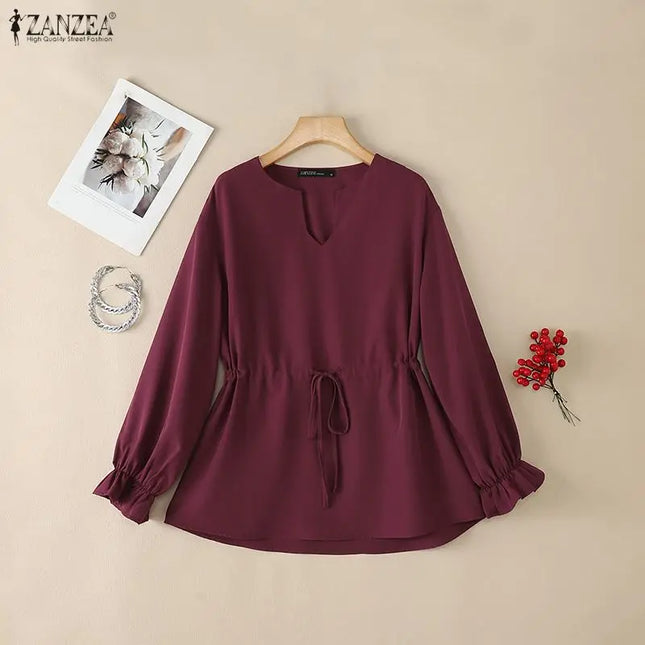 Zanzea Women's Long Sleeve Blouse with U-Neck, Drawstring Waist