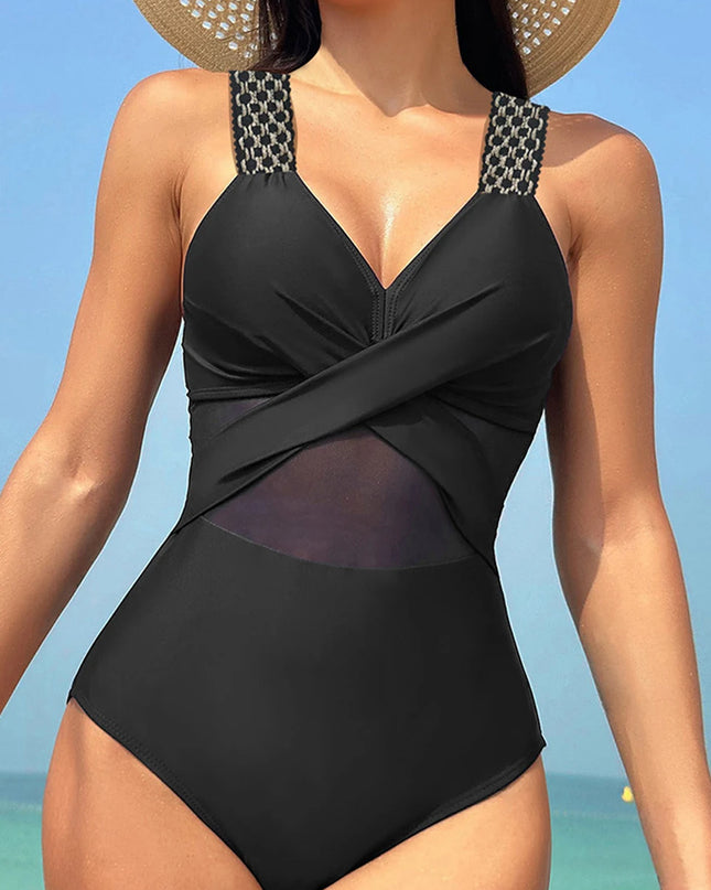 Women’s One Piece Mesh Ruched Swimwear with Ring Link Design