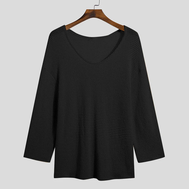 Men's Knit V-Neck Long Sleeve Hollow Out Loose Fit Sweater