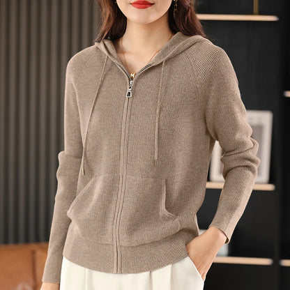 Women's Wool Blend Hoodie Sweater - Thick Knitted Zipper Cardigan with Hood