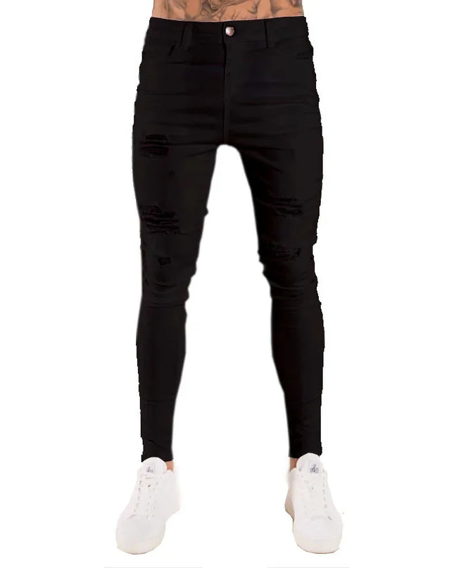 Men's Skinny Slim Fit Ripped Denim Jeans with Stretch, Hole & Patchwork Design