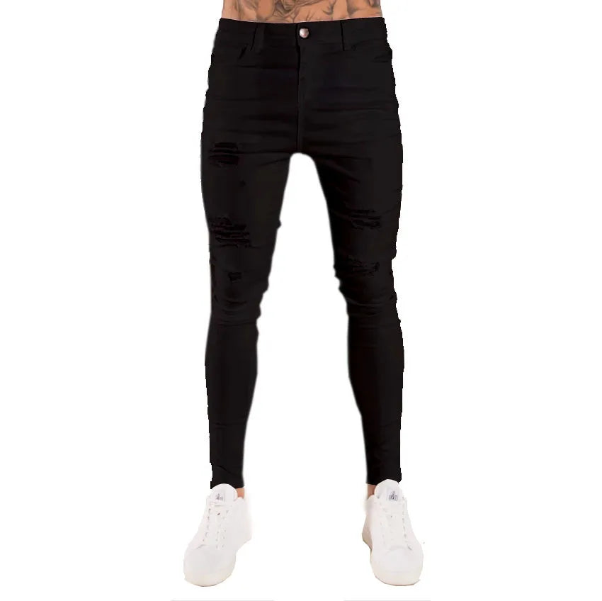 Men's Skinny Slim Fit Ripped Denim Jeans with Stretch, Hole & Patchwork Design