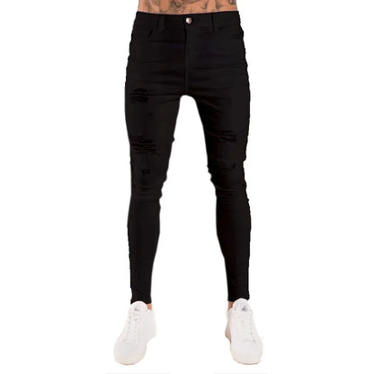 Men's Skinny Slim Fit Ripped Denim Jeans with Stretch, Hole & Patchwork Design