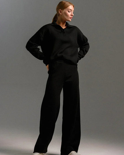 Women's Thick Knitted 2 Piece Set: Soft Polo Neck Sweater & Wide Leg Pants