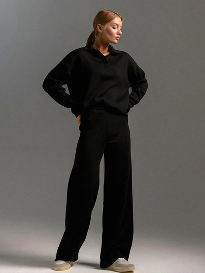 Women's Thick Knitted 2 Piece Set: Soft Polo Neck Sweater & Wide Leg Pants