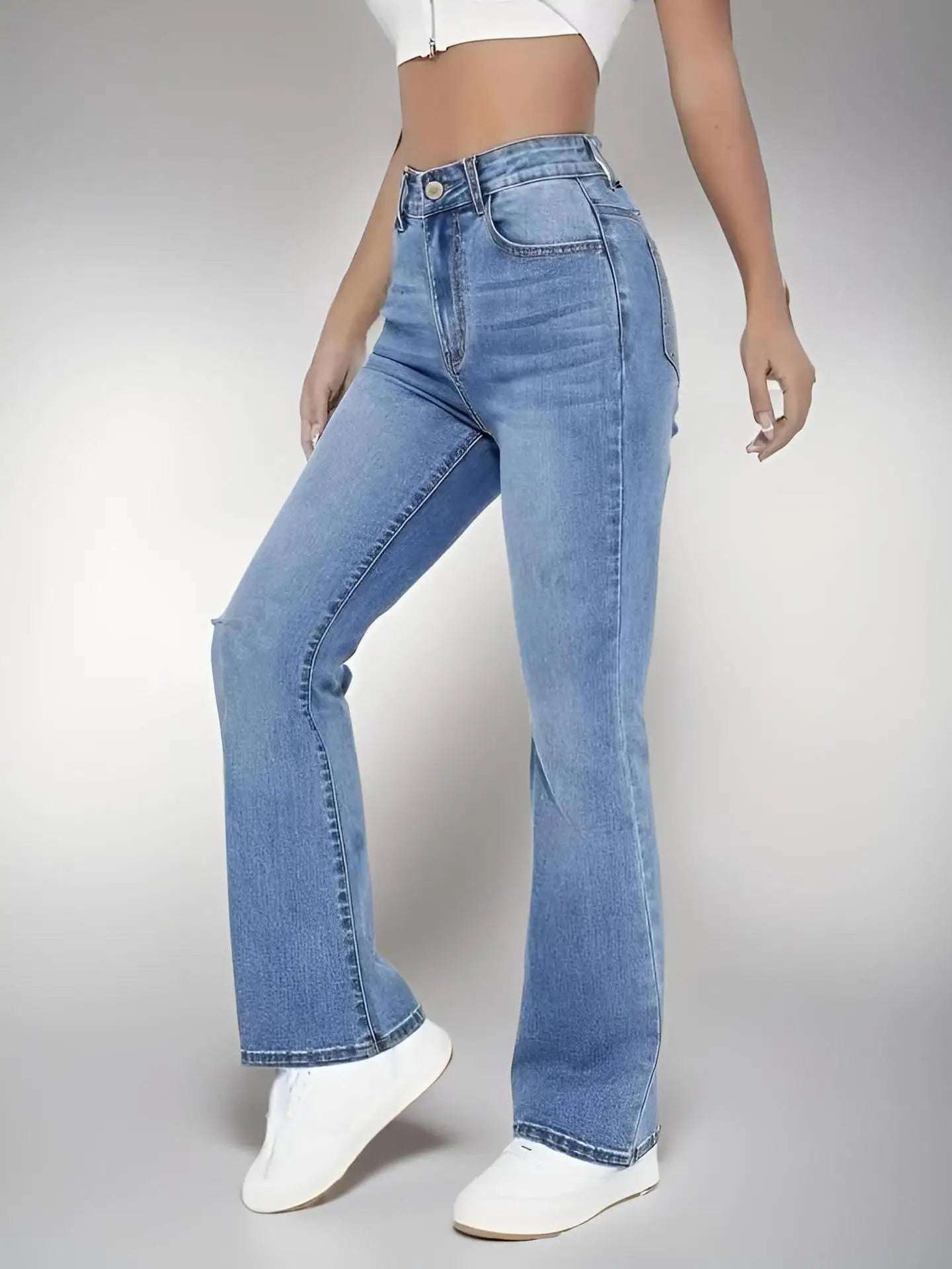 Women's High-Waist Slimming Flared Denim Jeans in Washed Finish