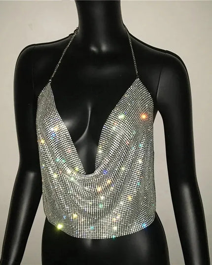 Glittering Backless Crop Top with Rhinestone V-Neck Design For Women