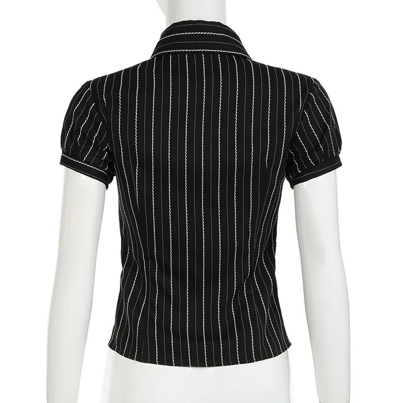 Chic Elegant Striped Button-Up Blouse for Women with Turn-Down Collar