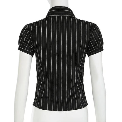 Chic Elegant Striped Button-Up Blouse for Women with Turn-Down Collar