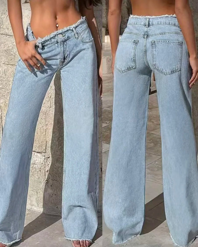 High-Waisted Raw-Hem Straight-Leg Jeans for Women, Relaxed Fit