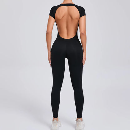 Women's Padded Short Sleeve One-Piece Jumpsuit - Quick-Dry, Backless Sports Suit for Active Fitness