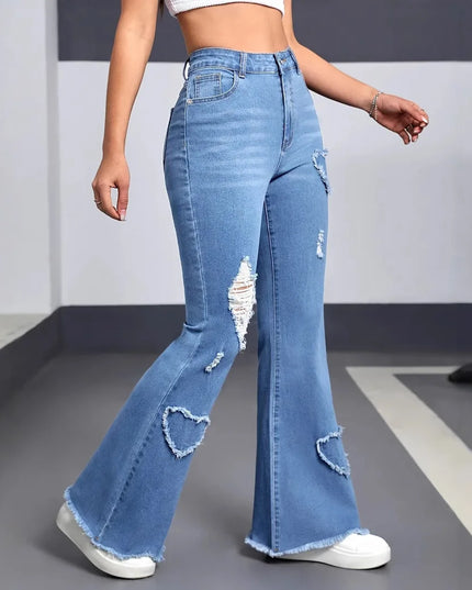 Women's Flared Pants - Hole Design, Boot Cut, Distressed, High Waist, Stretch