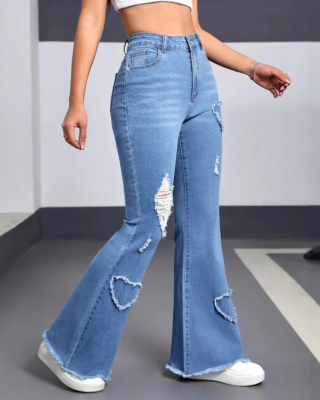 Women's Flared Pants - Hole Design, Boot Cut, Distressed, High Waist, Stretch