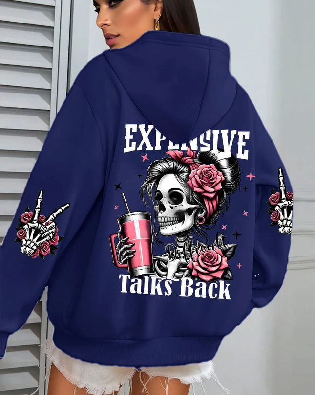 Women's "Expensive Talks Back" Printed Hoodie Sweater - Loose Fit