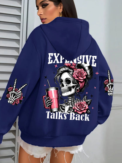 Women's "Expensive Talks Back" Printed Hoodie Sweater - Loose Fit