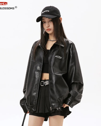 Unisex Black PU Leather Jacket with Metallic Print