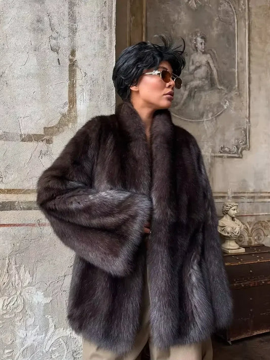 Women's Faux Fur Short Coat with Lapel Collar - Stylish Warm Outerwear for Women