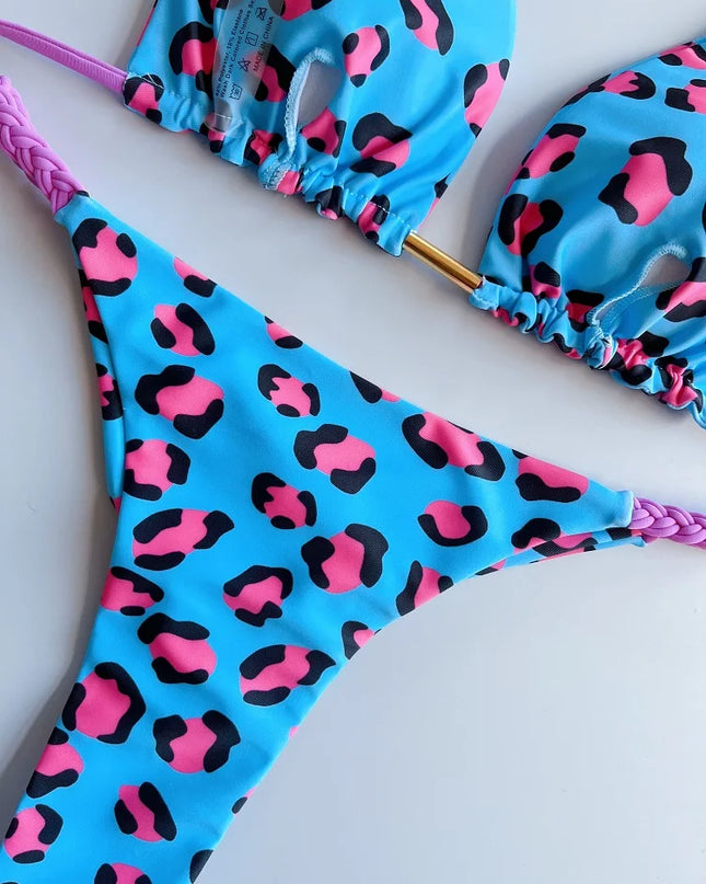 Leopard Print Brazilian Bikini with Braided Rope for Women