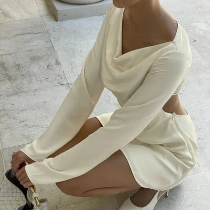 Women's Backless Satin Dress - Lace-Up Long Sleeve