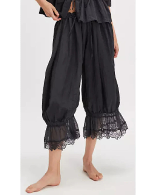 Women's Floral Lace Loose Fit Cropped Pants - High Waist Drawstring Calf-Length Lantern Bloomers