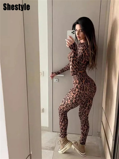Shestyle Women's Leopard Crop Top & Pants Set - 2 Piece Outfit