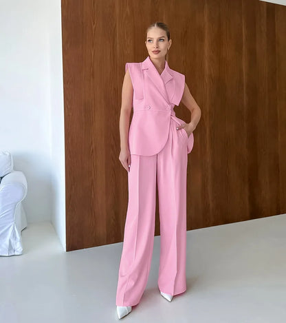 Women's Two-Piece Waistcoat and Wide-Leg Pants Set - Sleeveless Lapel Blazer Vest with Two Buttons