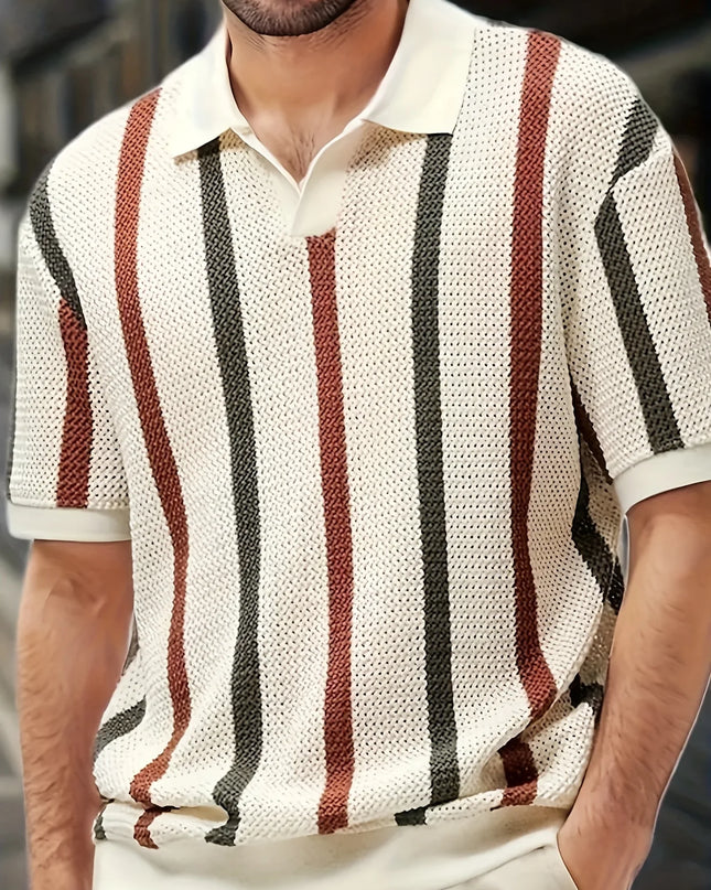 Men's Short Sleeve V-Neck Polo Shirt with Stripes