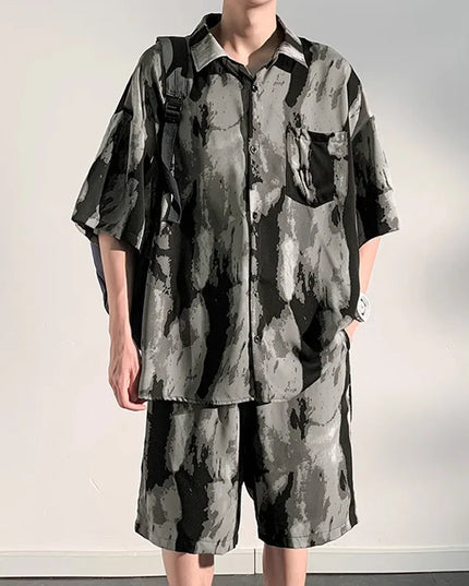 Men's Two-Piece Loose Fit Tie-Dye Striped Shirt and Shorts Set