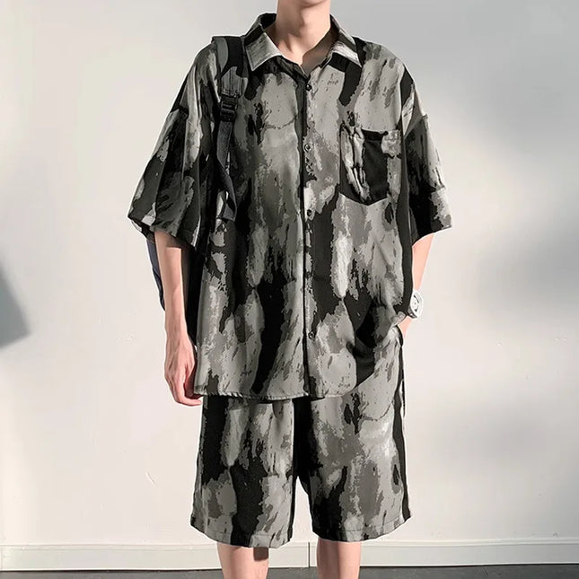 Men's Two-Piece Loose Fit Tie-Dye Striped Shirt and Shorts Set