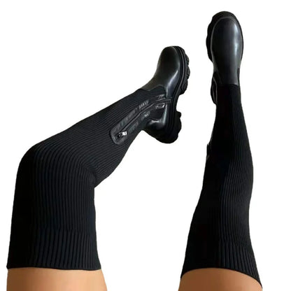 Women's Thigh High Boots - Breathable Knitted Sock Design with Thick Sole