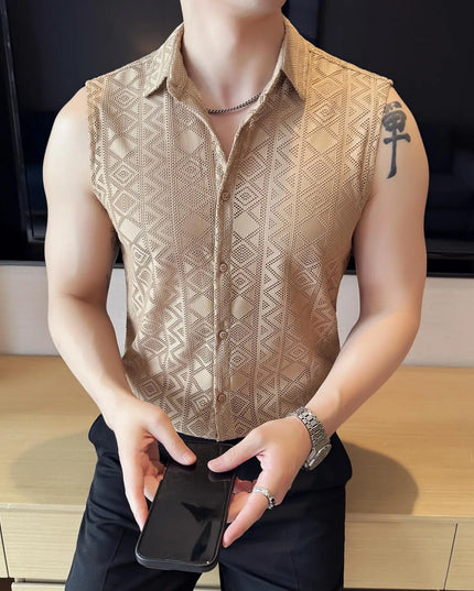Men's Slim Fit Sleeveless Vest Shirt with Hollowed-Out Design