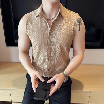 Men's Slim Fit Sleeveless Vest Shirt with Hollowed-Out Design