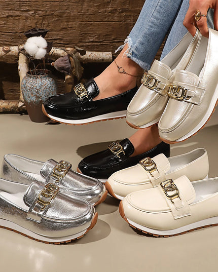 Metal Buckle Faux Leather Women's Flat Heel Shoes