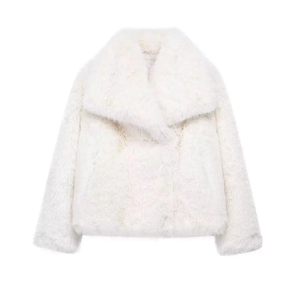 Women's Faux Fur Jacket with Lapel Collar - Thick & Warm Outerwear by TRAFZA