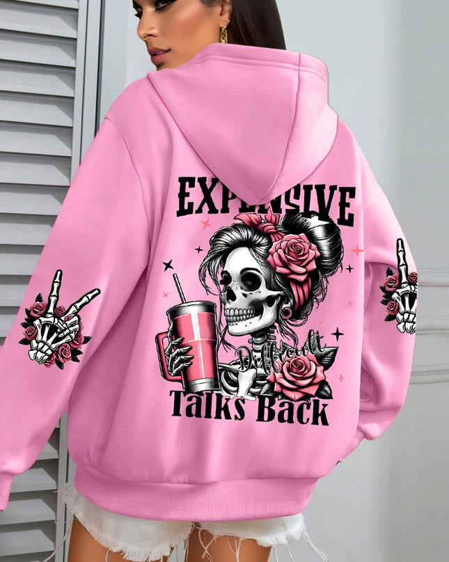 Women's "Expensive Talks Back" Printed Hoodie Sweater - Loose Fit