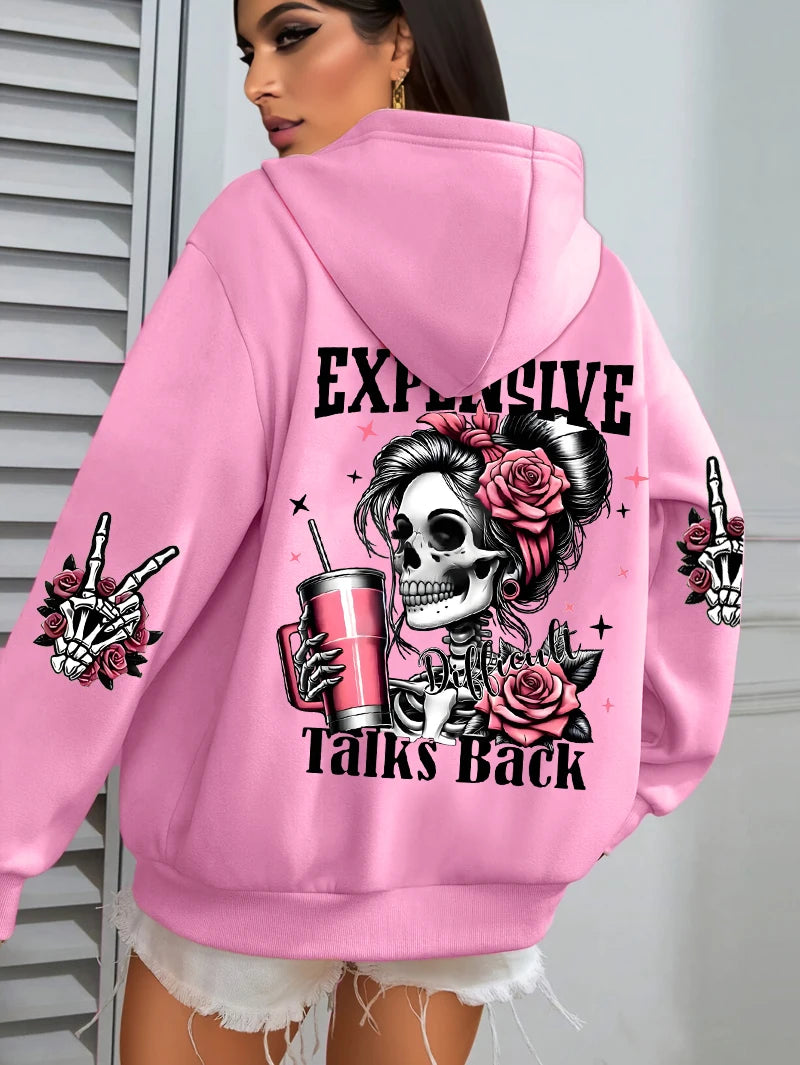 Women's "Expensive Talks Back" Printed Hoodie Sweater - Loose Fit