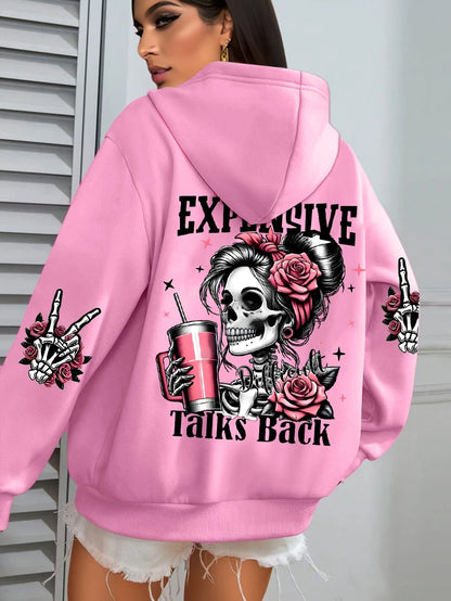 Women's "Expensive Talks Back" Printed Hoodie Sweater - Loose Fit
